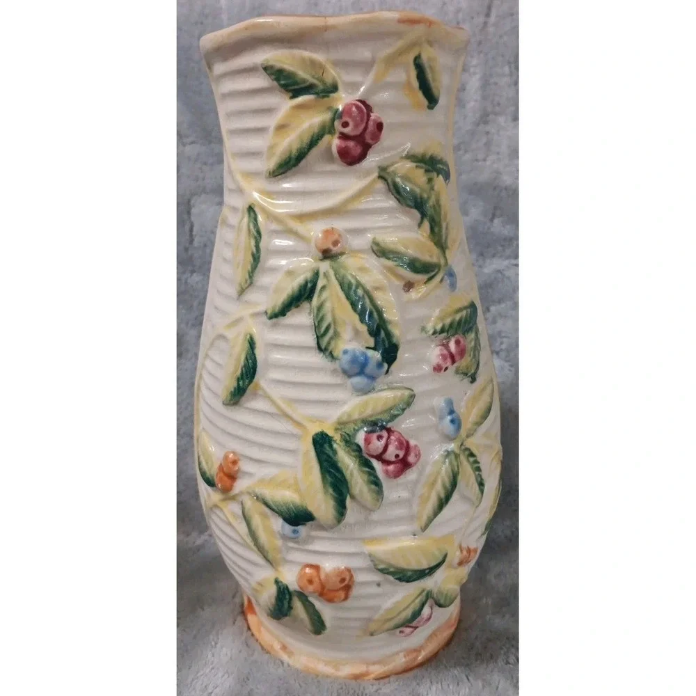 Vintage Ceramic Vase Floral Berry Japan Mid Century 7 3/4